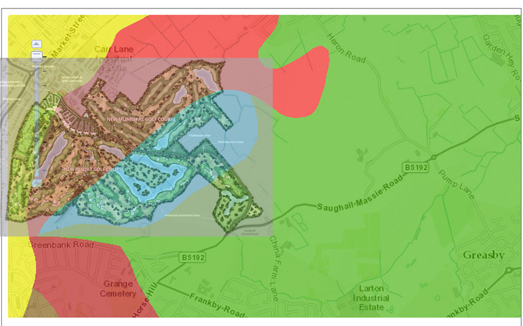 Rough overlay of proposed Hoylake Golf Resort site onto map