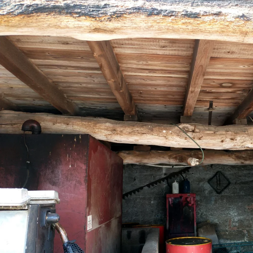 Vineyard Farm barn interior showing roof beams